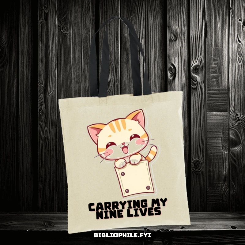 Funny kawaii cat character pouncing energetically at the end of a bookmark, printed on a durable and hilarious tote bag.
