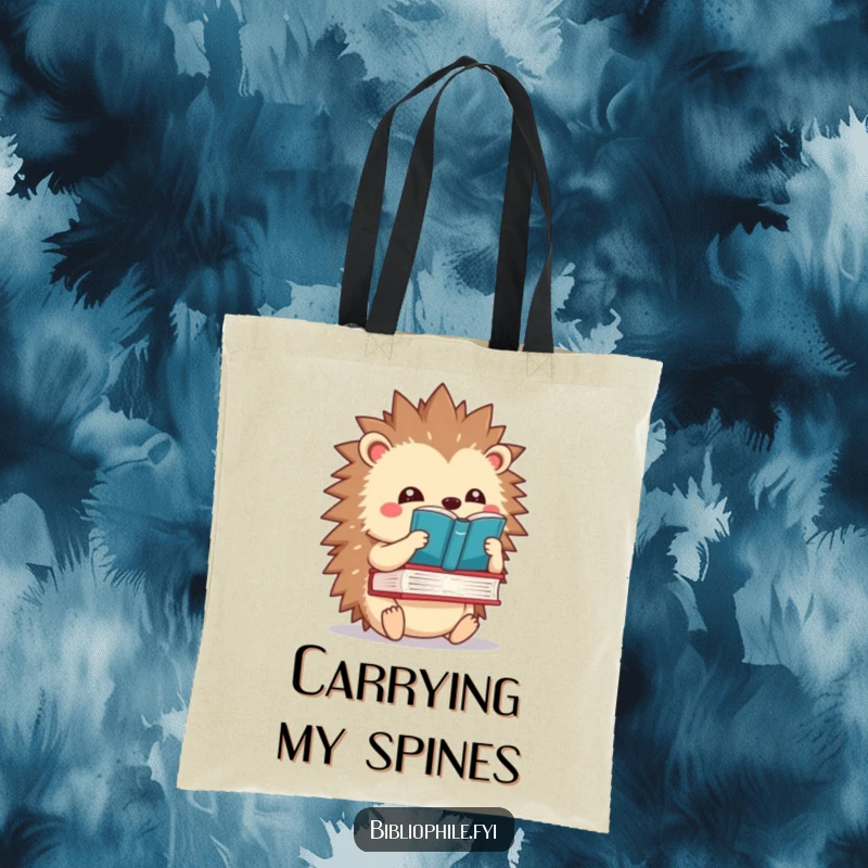 Funny kawaii hedgehog balancing a book on its spines, printed on a durable and comical tote bag.