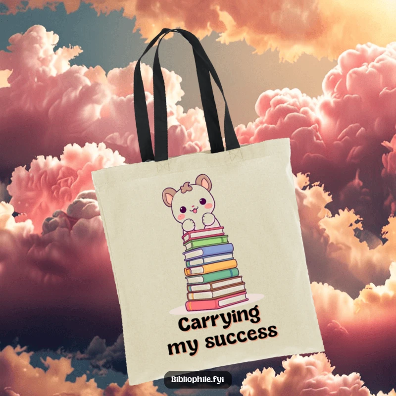Funny tote bag depicting a cute animal character joyfully stacking books into a tower, perfect for carrying reading material.