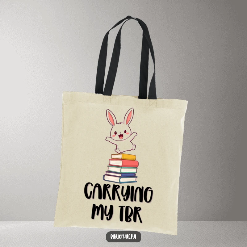 Funny tote bag with a cute rabbit character leaping over a stack of novels, ideal for carrying books with enthusiasm.