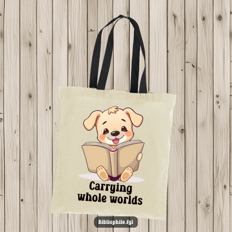Funny tote bag depicting a cute puppy character enthusiastically reading a huge open book, great for carrying books and supplies.