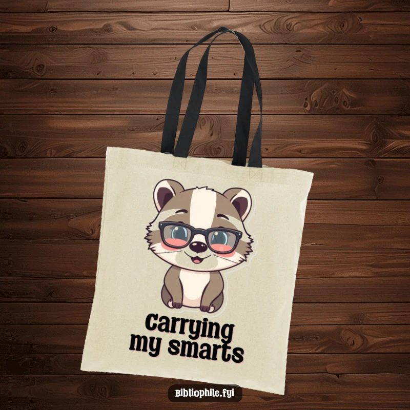 Funny tote bag with a cheerful badger wearing reading glasses, ready for literary adventures, a practical and humorous accessory.