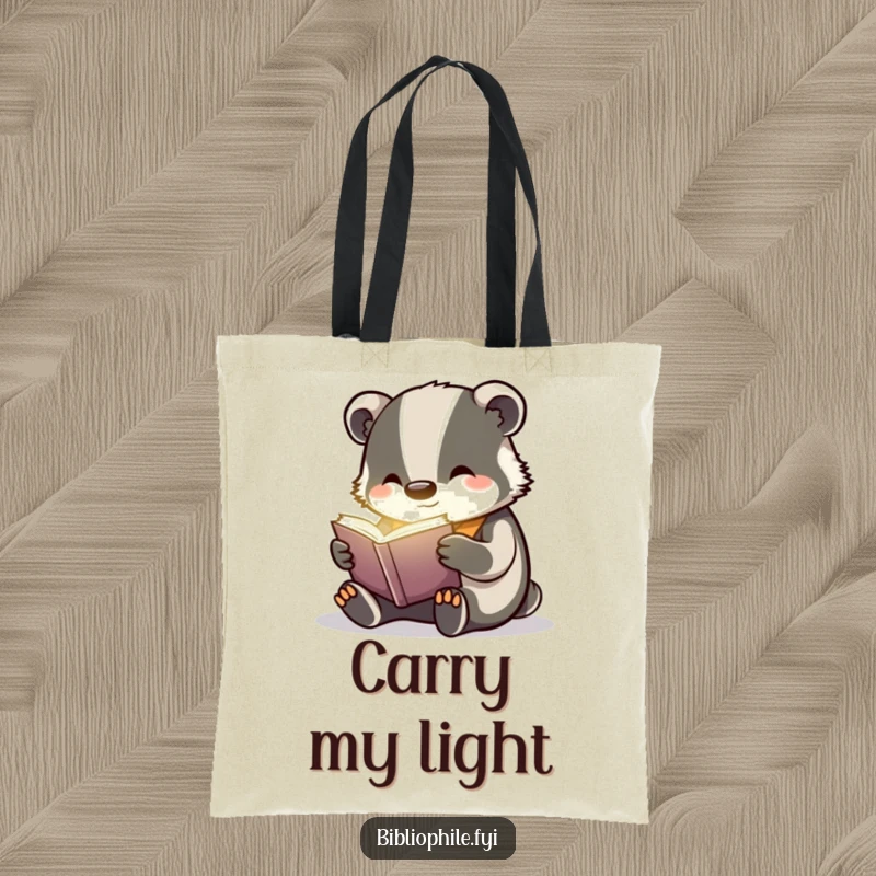 Funny badger engrossed in a faintly glowing book, printed on a durable and stylish tote bag.
