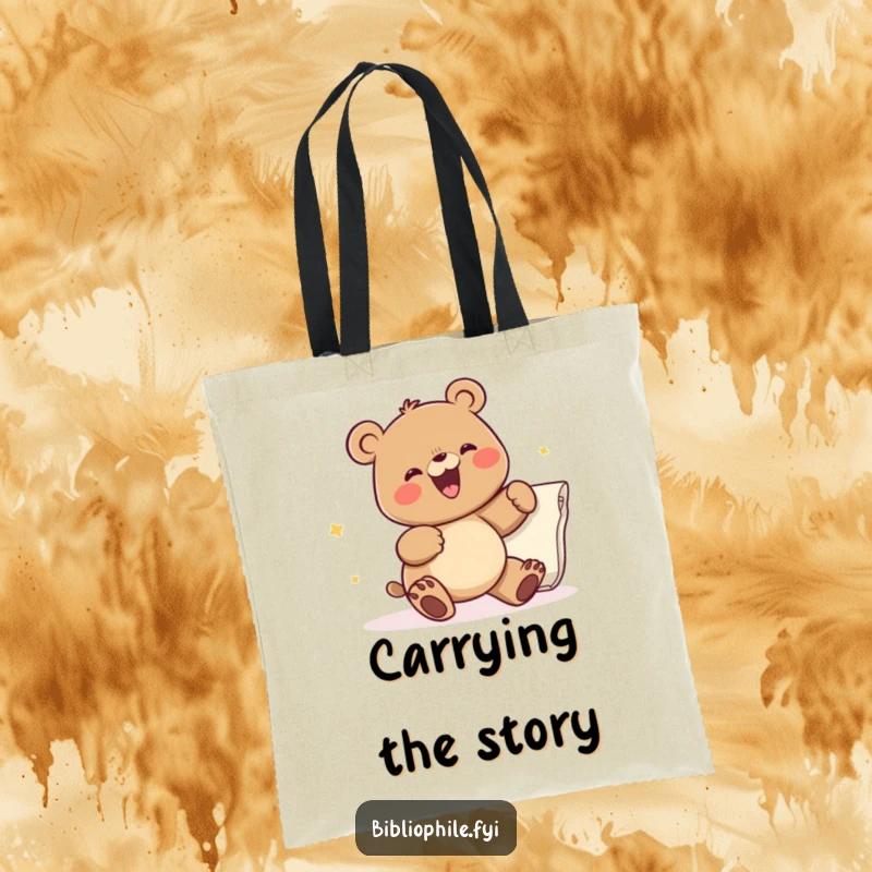 Funny tote bag depicting a happy bear character excitedly turning a giant page, symbolizing the thrill of a good story, ideal for book lovers.