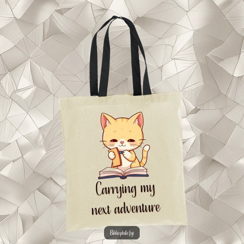 Funny Cat Tote Bag depicting a cute cat character playfully batting at a bookmark, offering a stylish and humorous way to carry necessities.