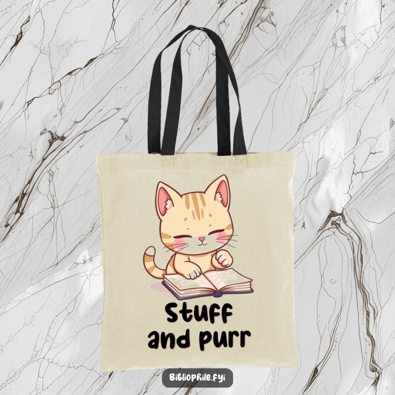 Funny tote bag showcasing a cute cat character diligently marking a page with its paw, perfect for book lovers on the go.