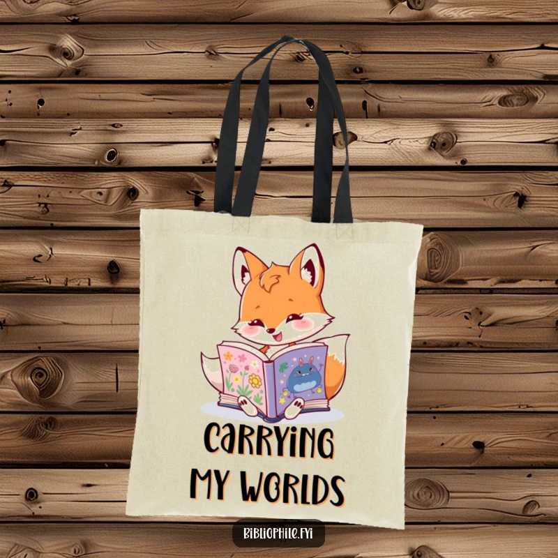 Funny fox character reading intensely on a tote bag, expressing a love for books with humor, a great funny gift idea.