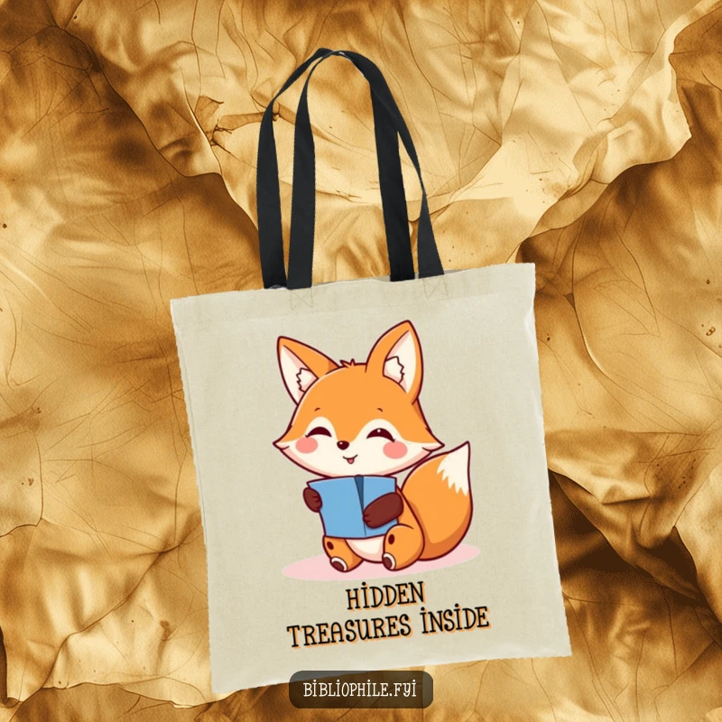 Funny tote bag depicting a smiling fox character discovering a hidden pop-up, perfect for carrying essentials and a sense of wonder.