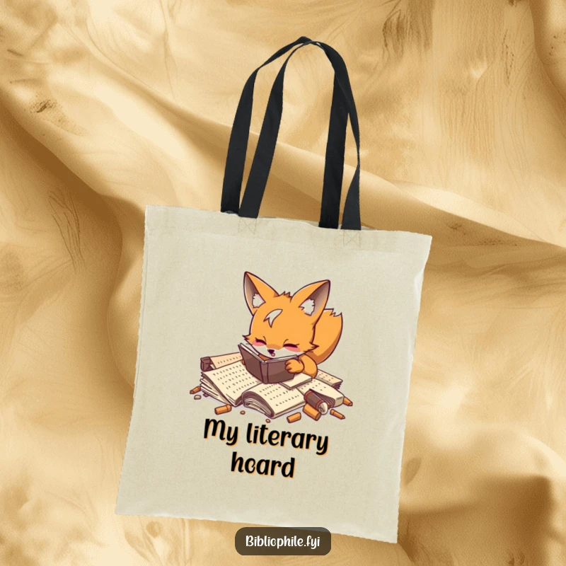 Playful fox enthusiastically digging through forgotten manuscripts on a durable tote bag.