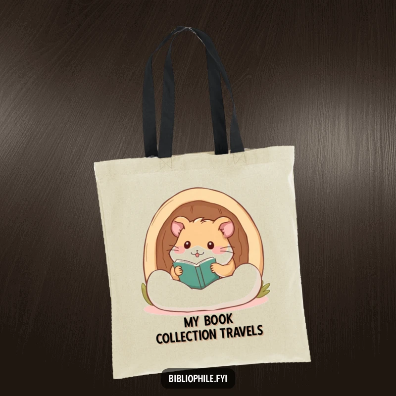 Funny hamster peeking happily from a cozy reading nook, printed on a practical and charming tote bag.