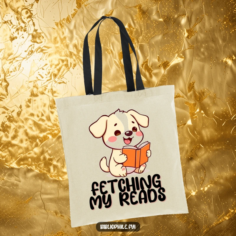 Funny kawaii dog wagging its tail excitedly while holding a storybook, printed on a durable and comical tote bag.