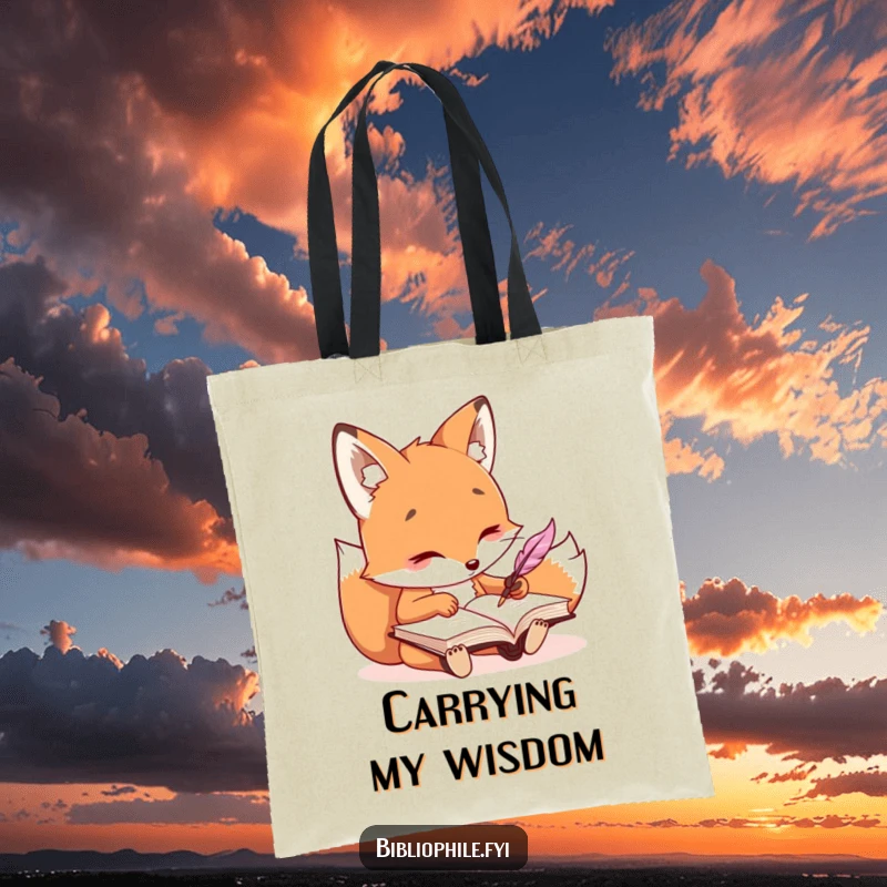 Funny kawaii fox character writing in a journal with a quill, designed on a spacious tote bag.