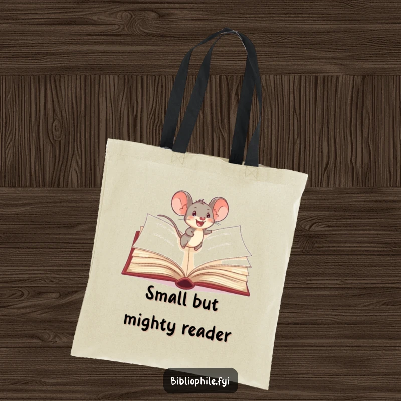 Funny Mouse Tote Bag: A delighted mouse scurries across storybook pages, perfect for carrying essentials with whimsical charm.
