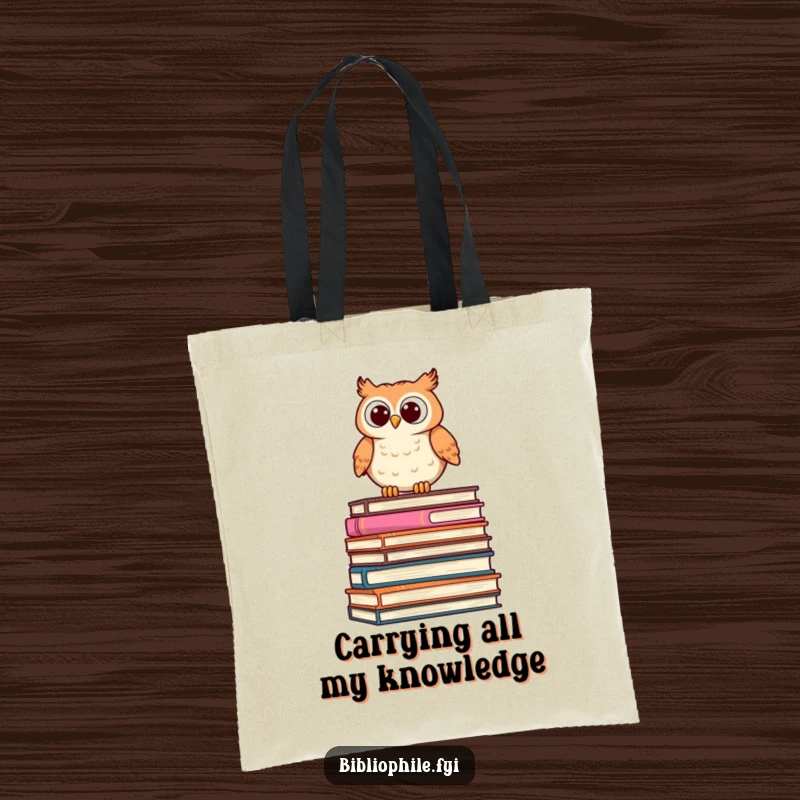Funny Owl Tote Bag featuring a cute, stylized owl perched on a stack of oversized books, peering curiously, a practical book carrier.