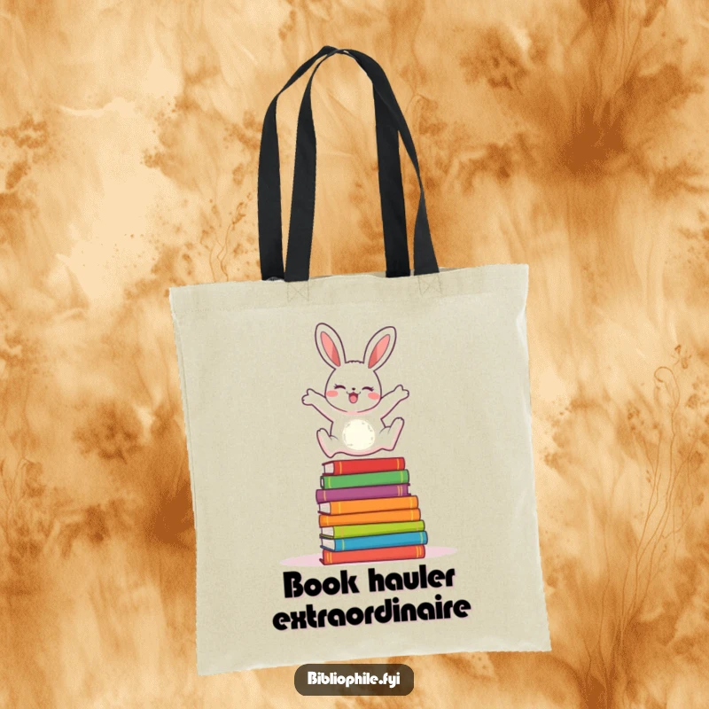 Funny cheerful rabbit leaping over a stack of colorful storybooks on a durable tote bag.
