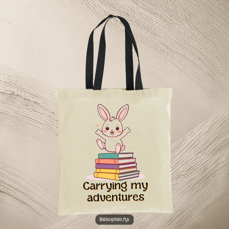 Funny Rabbit Tote Bag featuring an energetic rabbit character bouncing excitedly on a pile of storybooks, perfect for book transport.