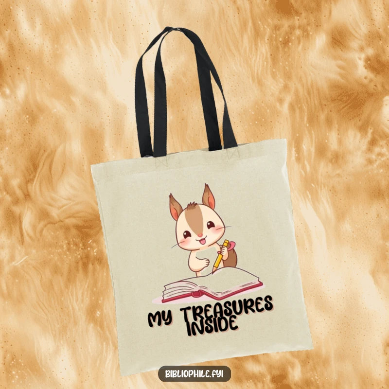 Funny squirrel excitedly marking a page in a book with a tiny ribbon, on a durable tote bag.