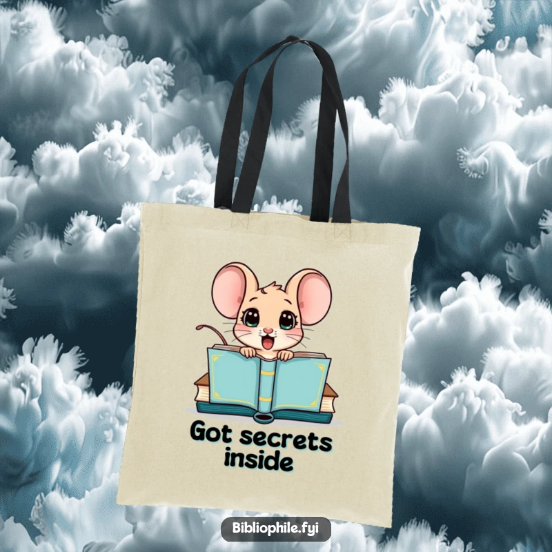 Funny tote bag with a surprised mouse character popping out of a book cover, a whimsical and practical accessory.