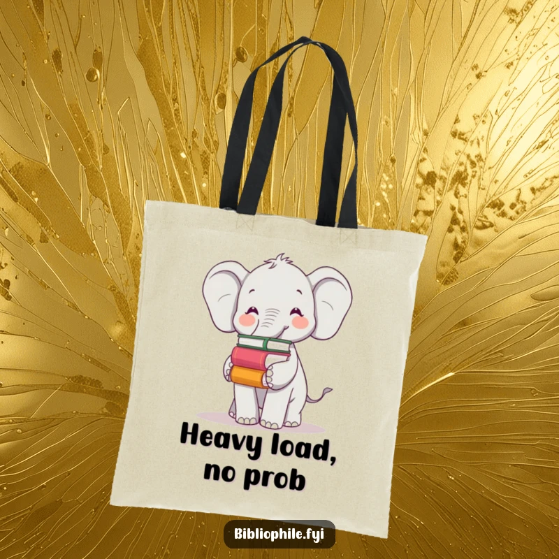 Funny tote bag featuring a cheerful elephant balancing books on its trunk, perfect for carrying books and daily essentials.