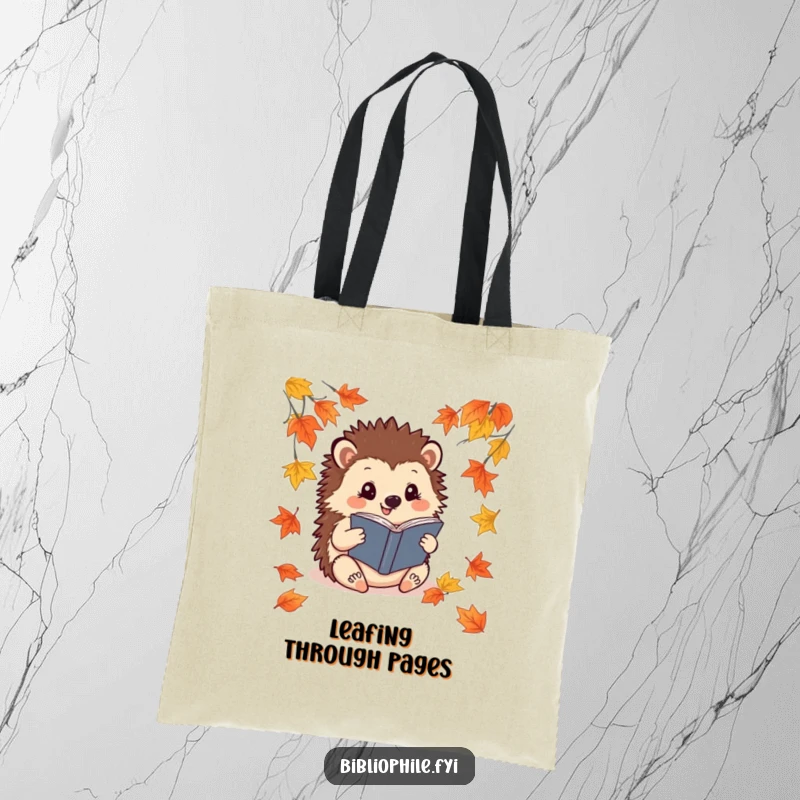 Funny Hedgehog Tote Bag: A cheerful hedgehog reads a book among fallen leaves, perfect for carrying books and essentials.