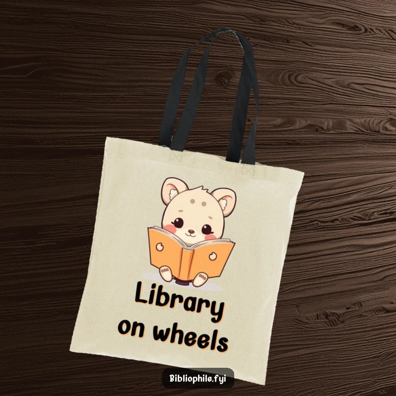 Funny tote bag featuring a cute animal character happily reading an oversized book, a joyful and practical accessory.