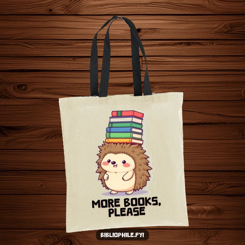 Funny hedgehog tote bag, balancing a tower of books on its head, stylish and funny gift.