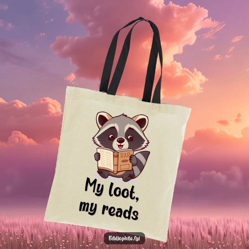 Funny Raccoon Tote Bag featuring a cute raccoon character excitedly showcasing a newly discovered rare book, perfect for carrying treasures.