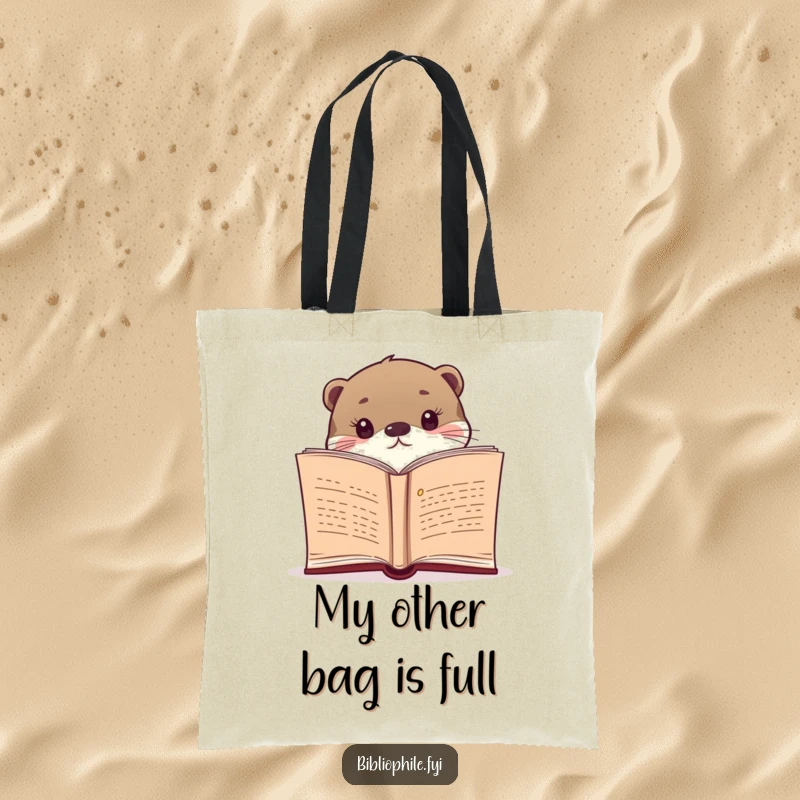 Funny tote bag with a curious otter peeking over a book, ideal for carrying books and everyday essentials with humor.