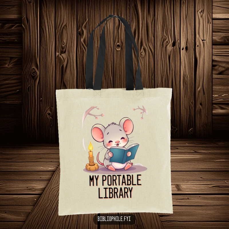 Funny tote bag with a happy mouse character reading a book by candlelight, perfect for carrying books and essentials.
