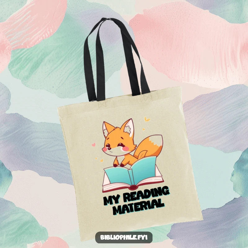 Funny Fox Tote Bag featuring a playful fox character chasing a fluttering bookmark through an open page, great for book transport.