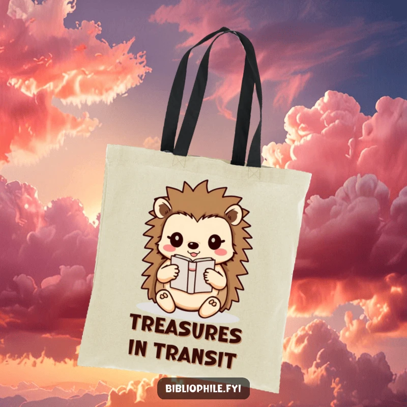 Funny Hedgehog Tote Bag featuring a cute hedgehog character carefully carrying a small book, perfect for transporting literary treasures with care.